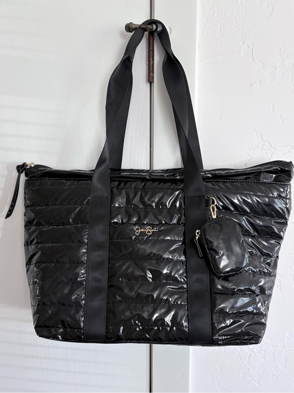 Jessica Simpson Portia Meteorite Wet Look Black Tote with Coin Case